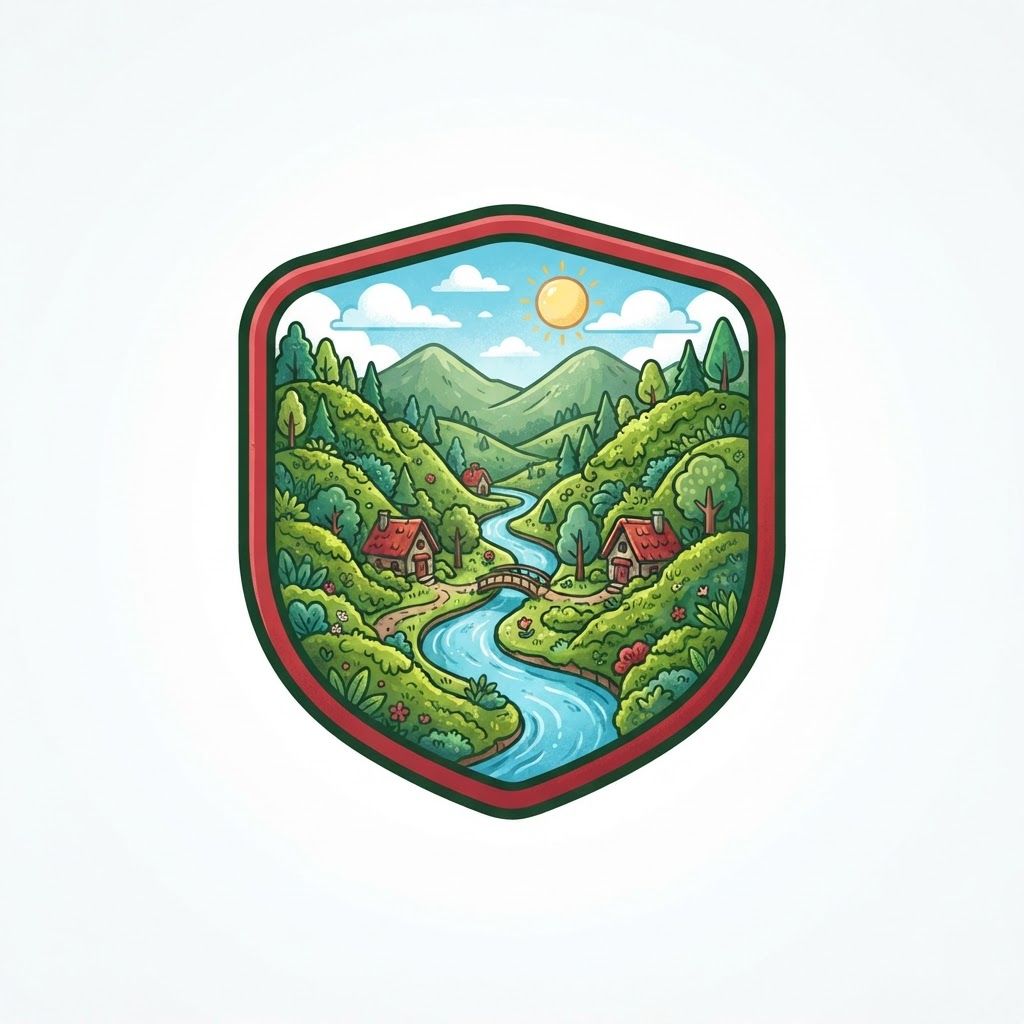AI Design for a big logo in green and red that shows a Moss Valley with a cartoony style, not including the name, just a logo.