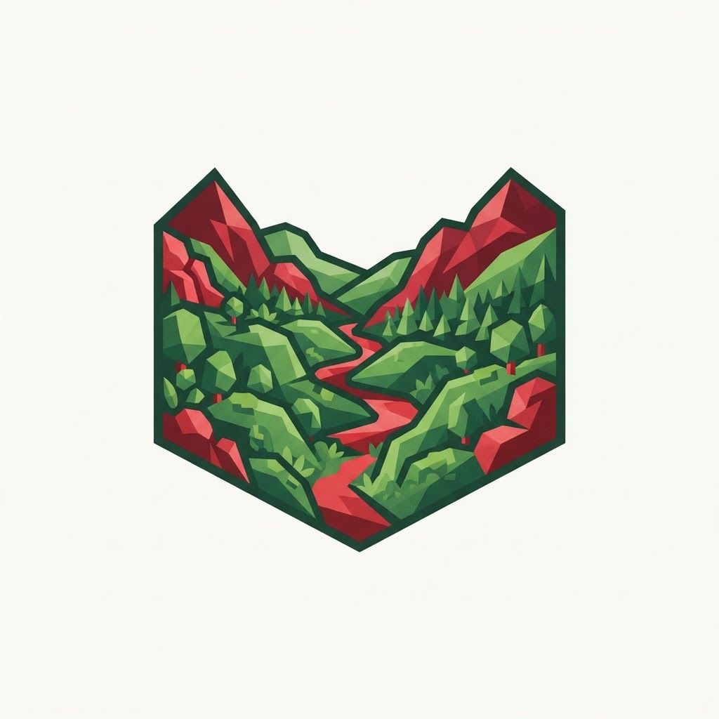 AI Design for a big logo in green and red that shows a Moss Valley with a cartoony style, not including the name, just a logo, with a low poly style not having a lot of detail, the whole logo has to be only green and red, ONLY green and red.