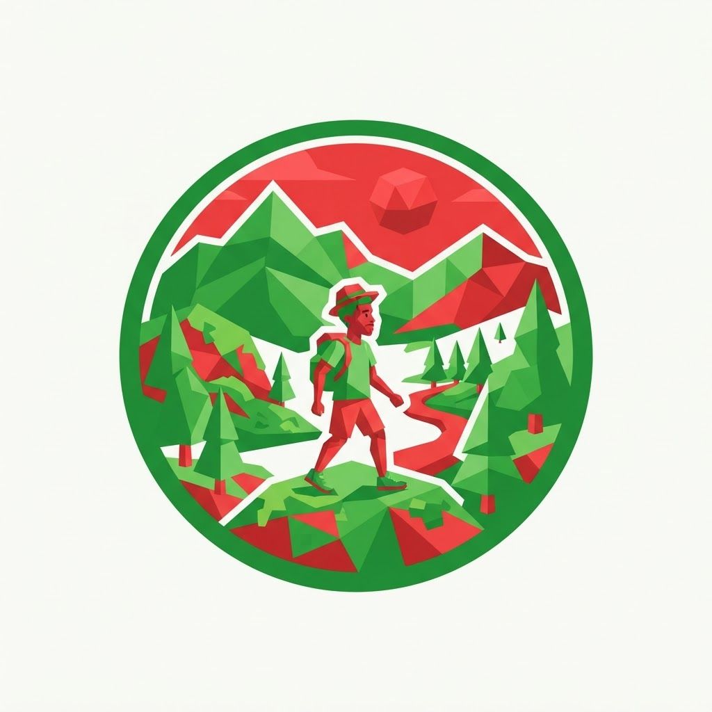 AI Design for a big logo in green and red that shows a Moss Valley with a cartoony style, not including the name, just a logo, with a low poly style not having a lot of detail, the whole logo has to be only green and red, ONLY green and red. make the logo fit the whole image but being in a circle. and make it look like there's a black dude in there too.