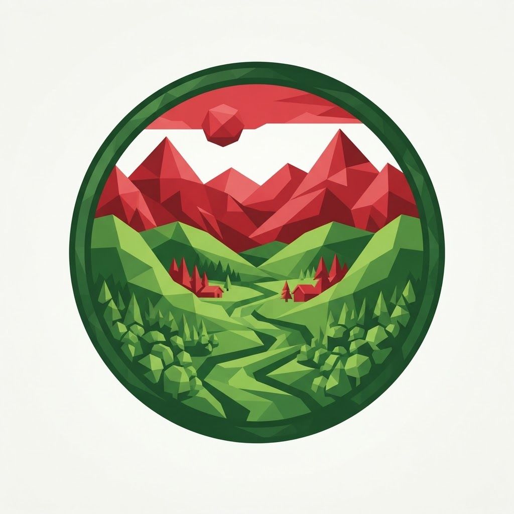 AI Design for a big logo in green and red that shows a Moss Valley with a cartoony style, not including the name, just a logo, with a low poly style not having a lot of detail, the whole logo has to be only green and red, ONLY green and red. make the logo fit the whole image but being in a circle.