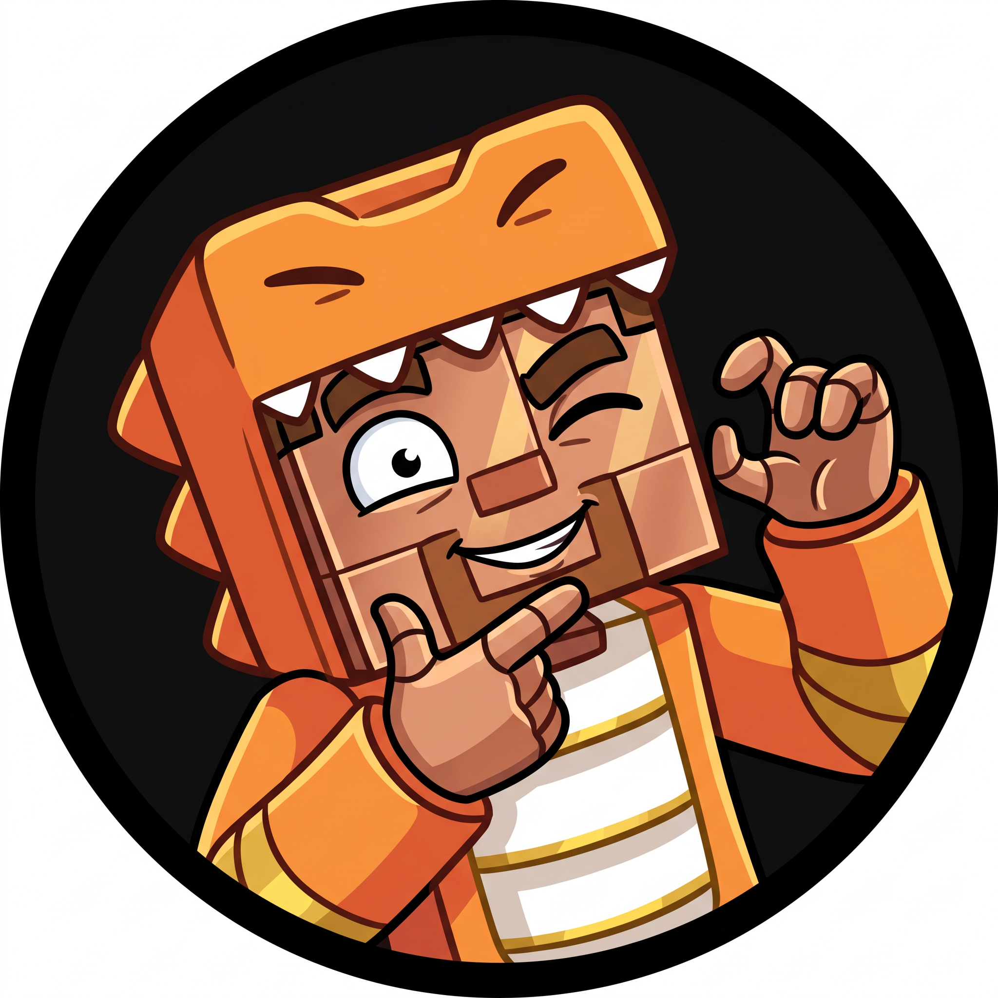 AI Design for make a logo / icon for this bronze / copper steve thats in an orange dinosaur costume, make the logo / icon backround black and make the character have a funny pose and the whole style be cartoony with it also being 2D, dont put any text just make the character have a funny pose that looks identical to the character and make it circular, also the whole character doesnt have to be in the logo, it could be only the top.