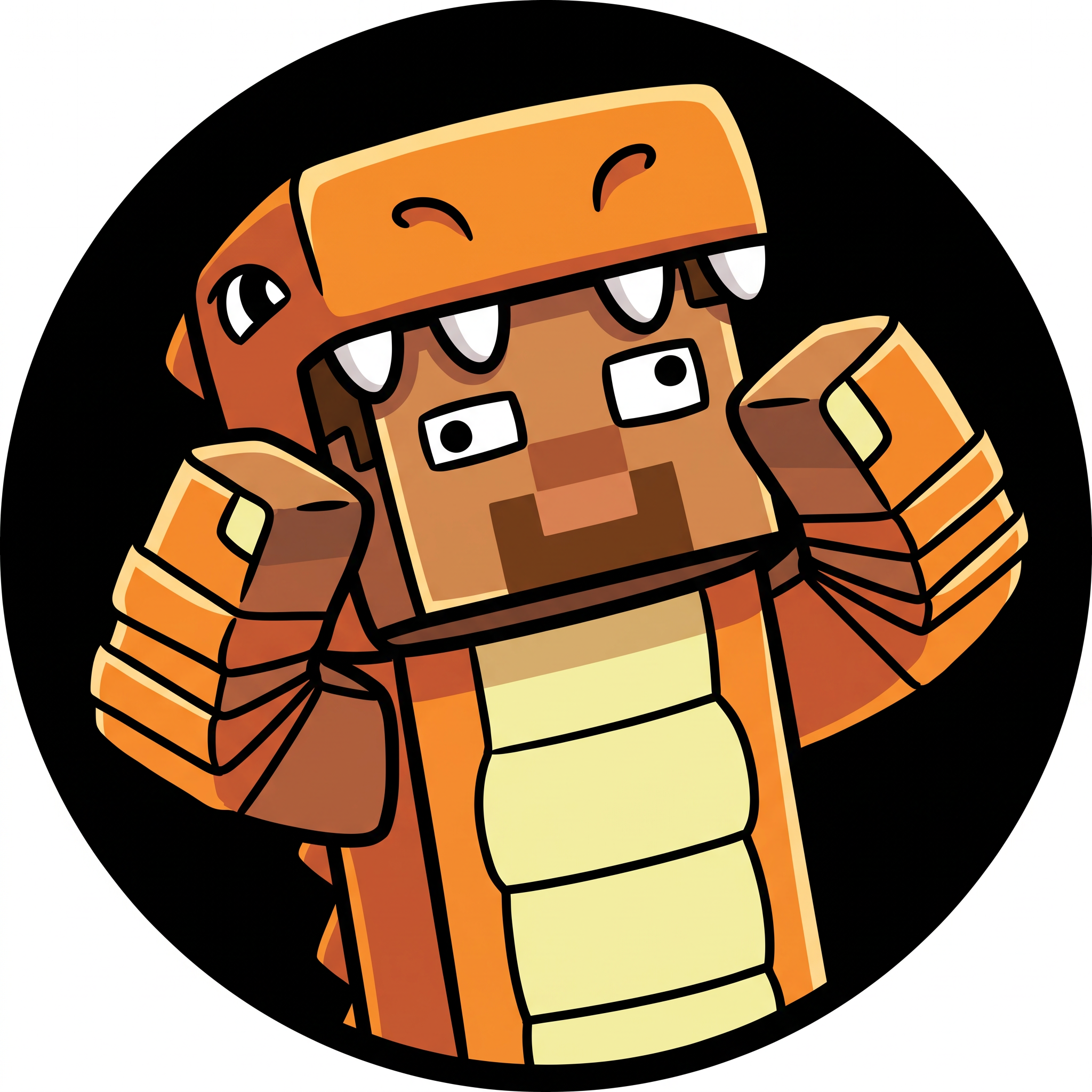 AI Design for make a logo / icon for this bronze / copper steve thats in an orange dinosaur costume, make the logo / icon backround black and make the character have a funny pose and the whole style be cartoony with it also being 2D, dont put any text just make the character have a funny pose that looks identical to the character and make it circular, also the whole character doesnt have to be in the logo, it could be only the top.