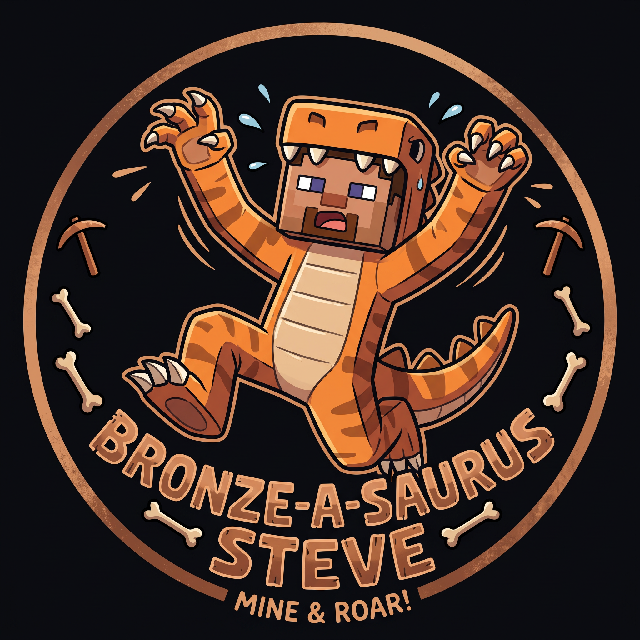 AI Design for make a logo / icon for this bronze / copper steve thats in an orange dinosaur costume, make the logo / icon backround black and make the character have a funny pose and the whole style be cartoony with it also being 2D.
