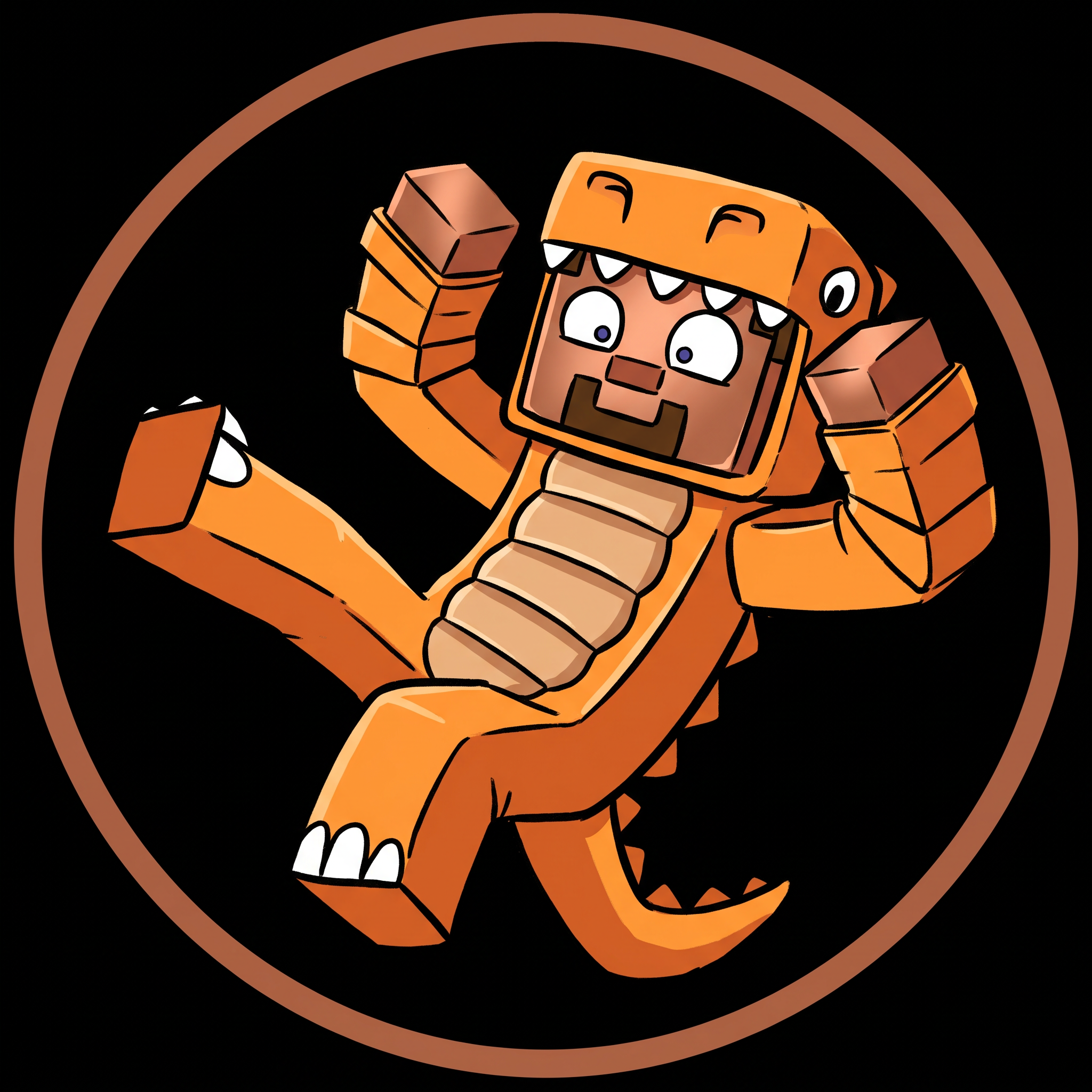 AI Design for make a logo / icon for this bronze / copper steve thats in an orange dinosaur costume, make the logo / icon backround black and make the character have a funny pose and the whole style be cartoony with it also being 2D, dont put any text just make the character have a funny pose that looks identical to the character and make it circular, also the whole character doesnt have to be in the logo, it could be only the top.
