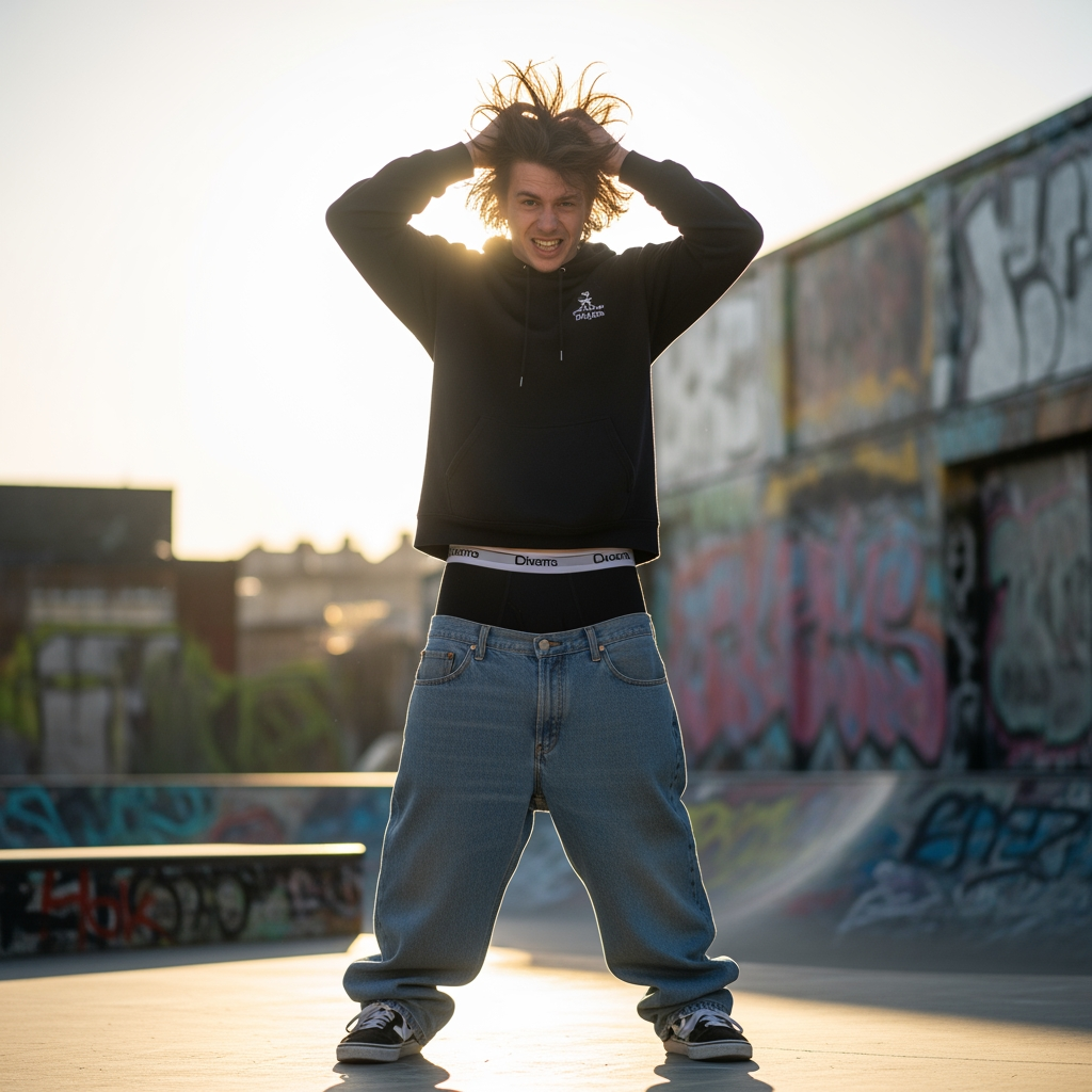 creame a un chico con el pelo muy alocado y las pantalones muy bajados, hazle tocandose el pelo