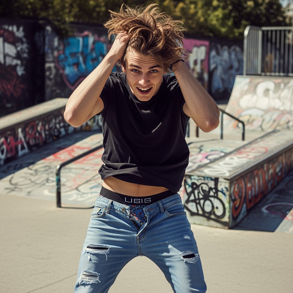 creame a un chico con el pelo muy alocado y las pantalones muy bajados, hazle tocandose el pelo