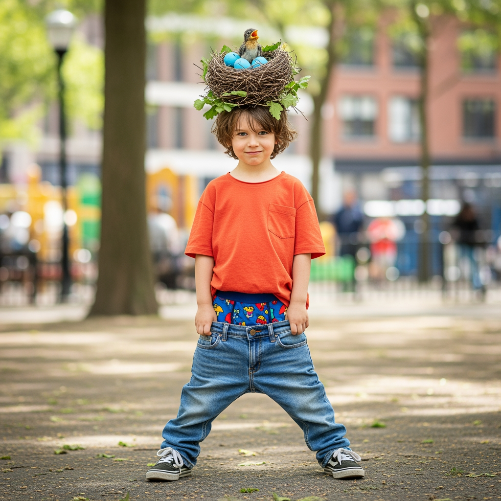 Generate a boy with his pants sagging and a bird's nest on his head