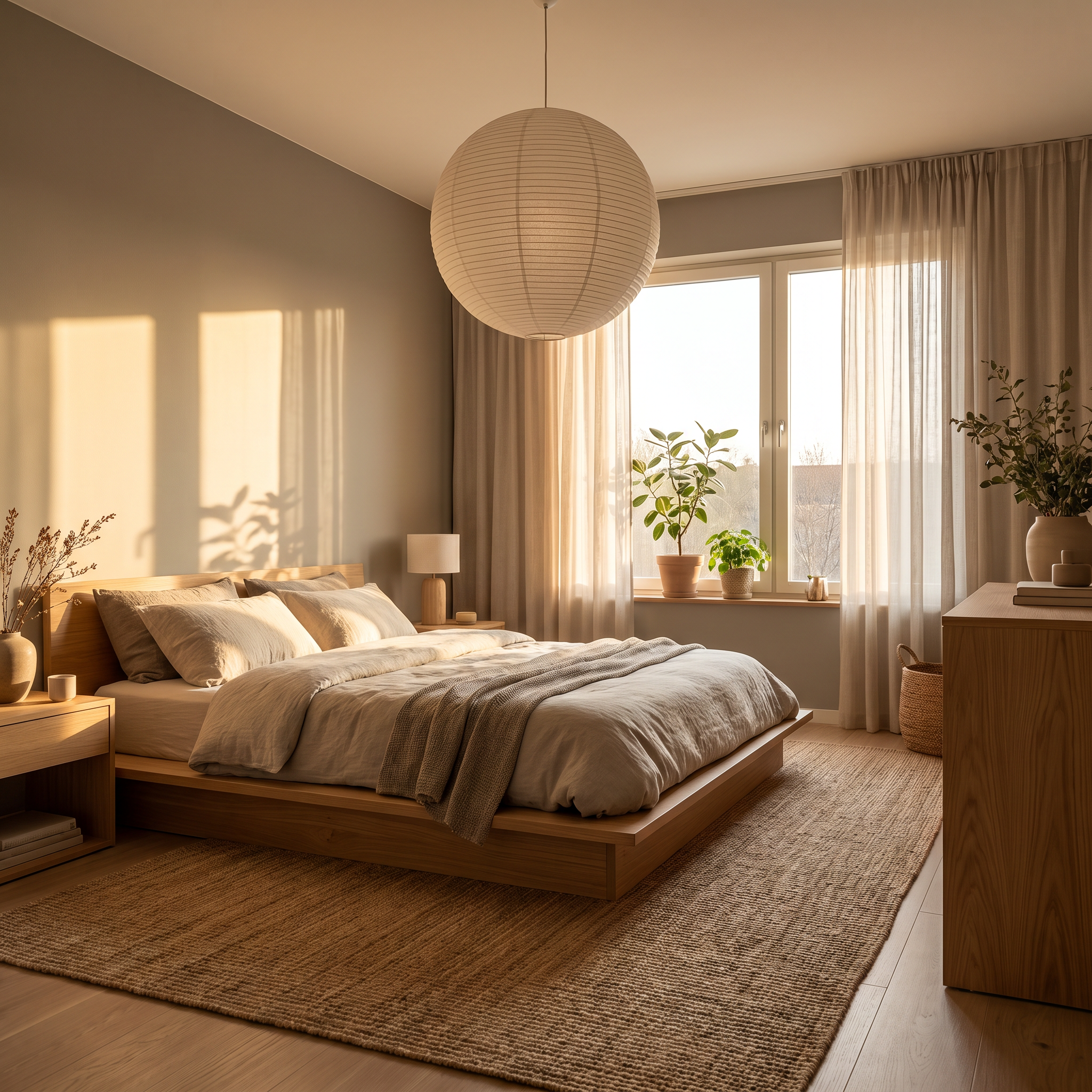 Japandi style bedroom with warm sunlight