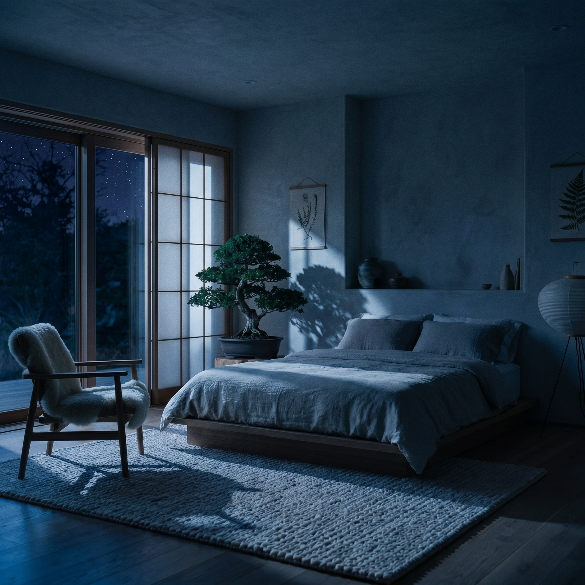 Change to night atmosphere, moonlight through window, dark ambient lighting, soft blue shadows
