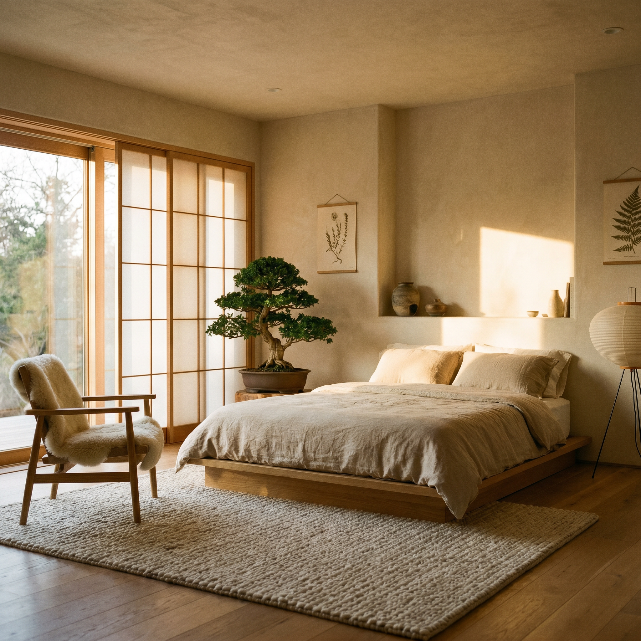 Japandi style bedroom with warm sunlight