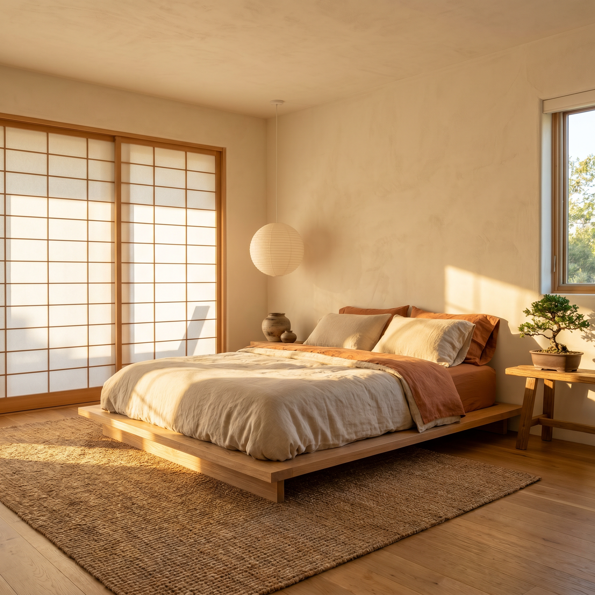 Japandi style bedroom with warm sunlight