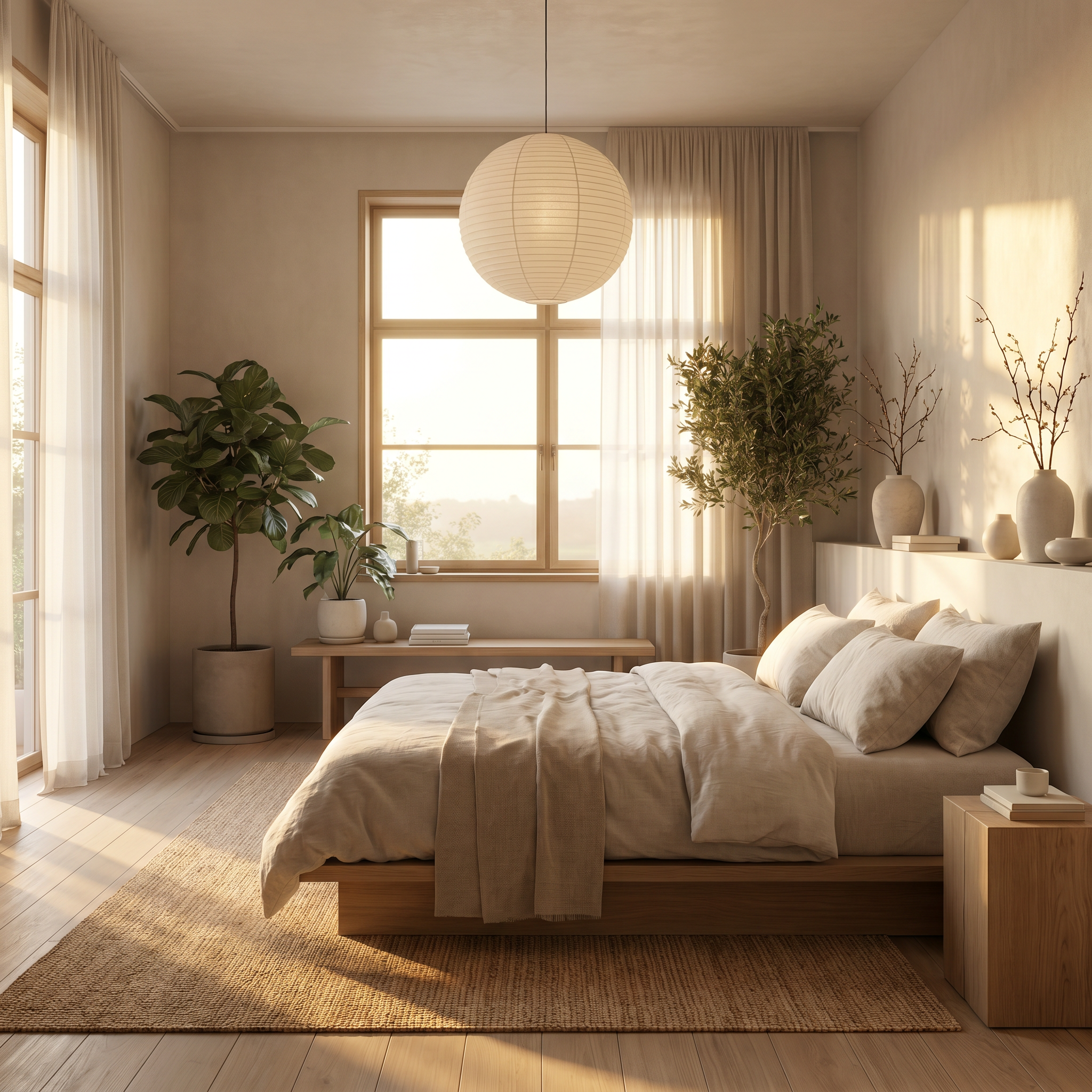Japandi style bedroom with warm sunlight