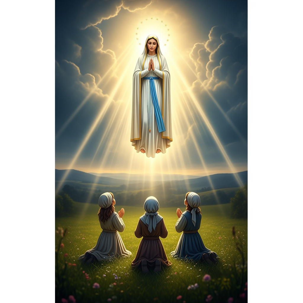 Slide 1 – HOOK

"Our Lady of Fatima apparition 1917, photorealistic, luminous Virgin Mary figure in white and blue robes floating in golden divine light, three small shepherd children kneeling in awe in a green Portuguese field, dramatic heavenly rays, cinematic lighting, ultra detailed, 9:16 vertical"


Slide 2 – LOS PASTORCITOS

"Three Portuguese shepherd children Lucia Francisco and Jacinta kneeling together in a sunlit meadow in Fatima Portugal 1917, period clothing, looking up in wonder at a bright light, photorealistic, warm golden hour, cinematic, 9:16 vertical"


Slide 3 – EL ROSARIO

"Close up of gentle hands holding a beautiful white pearl rosary with a golden crucifix, soft warm candlelight, blurred devotional background, photorealistic macro photography, peaceful and sacred mood, 9:16 vertical"


Slide 4 – EL MILAGRO DEL SOL

"The Miracle of the Sun Fatima 1917, massive crowd of thousands of people falling to their knees in a muddy field, dramatic swirling sun spinning in the sky with golden and colored rays of light, some people crying, photorealistic cinematic epic scene, 9:16 vertical"


Slide 5 – FINAL FUERTE

"Single white candle flame burning peacefully in complete darkness, soft golden bokeh background, photorealistic macro photography, spiritual contemplative mood, with faint silhouette of a rosary nearby, 9:16 vertical"