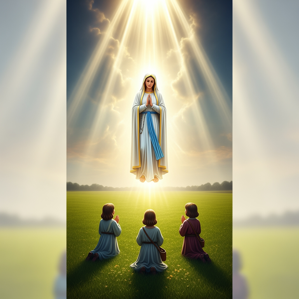 Slide 1 – HOOK

"Our Lady of Fatima apparition 1917, photorealistic, luminous Virgin Mary figure in white and blue robes floating in golden divine light, three small shepherd children kneeling in awe in a green Portuguese field, dramatic heavenly rays, cinematic lighting, ultra detailed, 9:16 vertical"


Slide 2 – LOS PASTORCITOS

"Three Portuguese shepherd children Lucia Francisco and Jacinta kneeling together in a sunlit meadow in Fatima Portugal 1917, period clothing, looking up in wonder at a bright light, photorealistic, warm golden hour, cinematic, 9:16 vertical"


Slide 3 – EL ROSARIO

"Close up of gentle hands holding a beautiful white pearl rosary with a golden crucifix, soft warm candlelight, blurred devotional background, photorealistic macro photography, peaceful and sacred mood, 9:16 vertical"


Slide 4 – EL MILAGRO DEL SOL

"The Miracle of the Sun Fatima 1917, massive crowd of thousands of people falling to their knees in a muddy field, dramatic swirling sun spinning in the sky with golden and colored rays of light, some people crying, photorealistic cinematic epic scene, 9:16 vertical"


Slide 5 – FINAL FUERTE

"Single white candle flame burning peacefully in complete darkness, soft golden bokeh background, photorealistic macro photography, spiritual contemplative mood, with faint silhouette of a rosary nearby, 9:16 vertical"