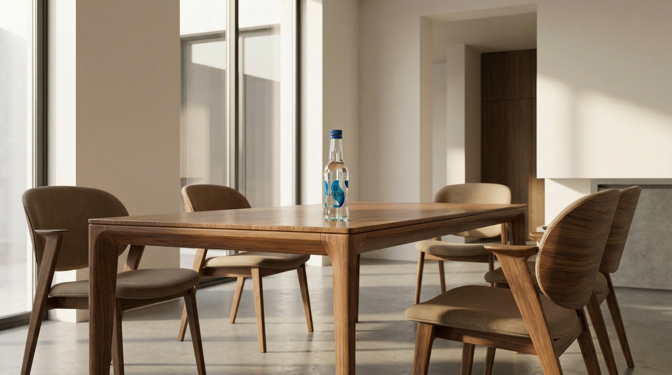 AI Design for A sophisticated, minimalist interior scene featuring a collection of modern designer chairs arranged artfully around a sleek, polished table, with a single {{product:bottle}} placed as a central accent piece. The lighting is soft and natural, streaming through large windows to highlight the textures of the wood and fabric, creating a serene and high-end atmosphere with a neutral, warm color palette.

The attached image is a product reference photo. Use it to ensure accurate product representation, including colors, shapes, logos, and details. Maintain product fidelity while adapting to the creative context.