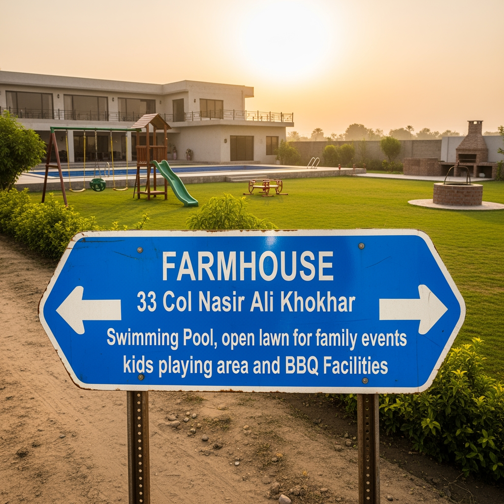 AI Design for FARMHOUSE 33 Col Nasir Ali Khokhar Swimming Pool, open lawn for family events, kids playing area and BBQ Facilities (IMPACT FONT) ROAD SIGN REFLECTOR BASE BLUE AND TEXT WHITE COLOR WITH ARROW FRONT AND BACK DESIGN