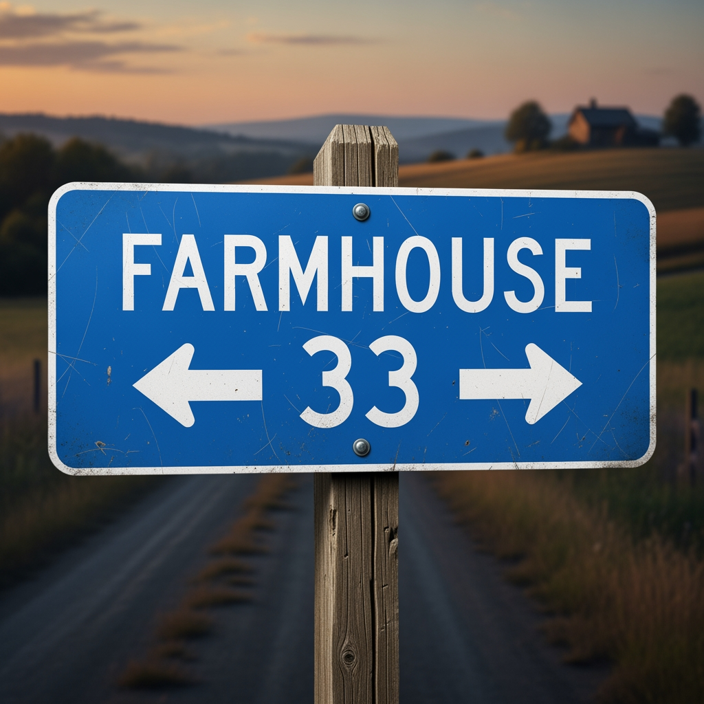 AI Design for FARMHOUSE 33 (IMPACT FONT) ROAD SIGN REFLECTOR BASE BLUE AND TEXT WHITE COLOR WITH ARROW FRONT AND BACK DESIGN