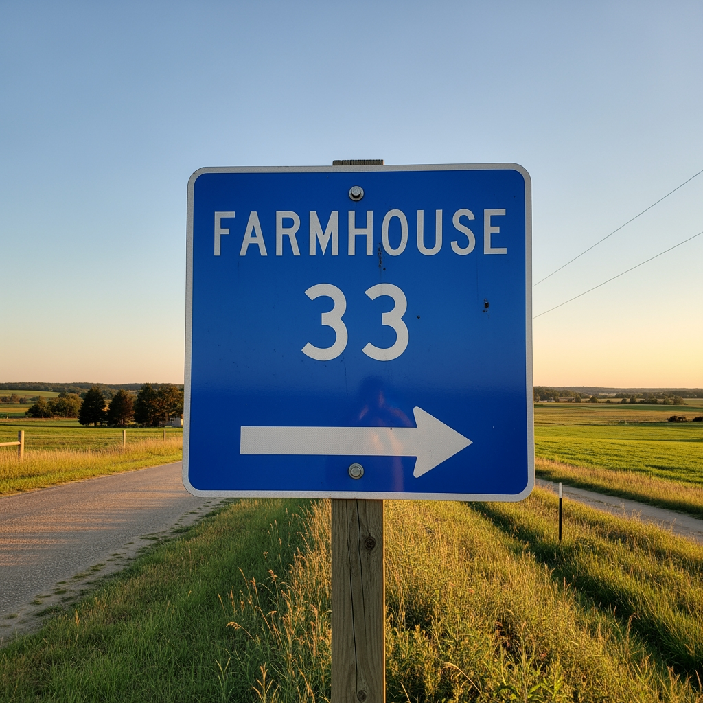 AI Design for FARMHOUSE 33 (IMPACT FONT) ROAD SIGN REFLECTOR BASE BLUE AND TEXT WHITE COLOR WITH ARROW FRONT AND BACK DESIGN