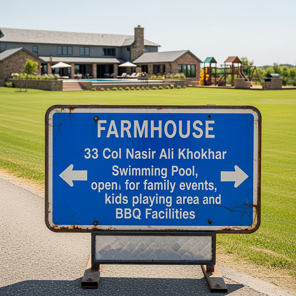 AI Design for FARMHOUSE 33 Col Nasir Ali Khokhar Swimming Pool, open lawn for family events, kids playing area and BBQ Facilities (IMPACT FONT) ROAD SIGN REFLECTOR BASE BLUE AND TEXT WHITE COLOR WITH ARROW FRONT AND BACK DESIGN