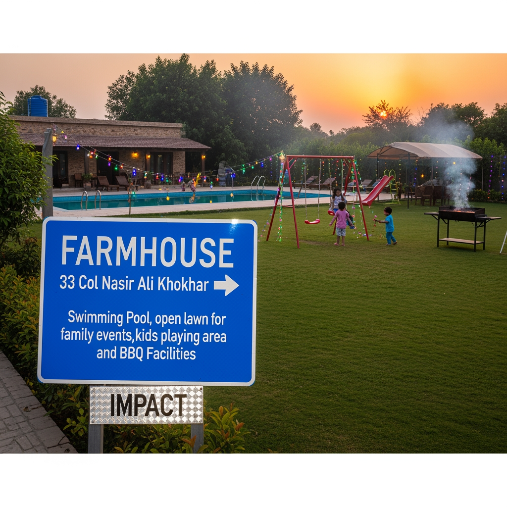 AI Design for FARMHOUSE 33 Col Nasir Ali Khokhar Swimming Pool, open lawn for family events, kids playing area and BBQ Facilities (IMPACT FONT) ROAD SIGN REFLECTOR BASE BLUE AND TEXT WHITE COLOR WITH ARROW DESIGN