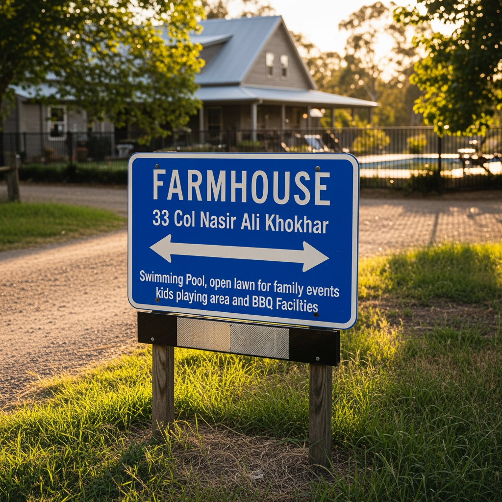 AI Design for FARMHOUSE 33 Col Nasir Ali Khokhar Swimming Pool, open lawn for family events, kids playing area and BBQ Facilities (IMPACT FONT) ROAD SIGN REFLECTOR BASE BLUE AND TEXT WHITE COLOR WITH ARROW FRONT AND BACK DESIGN