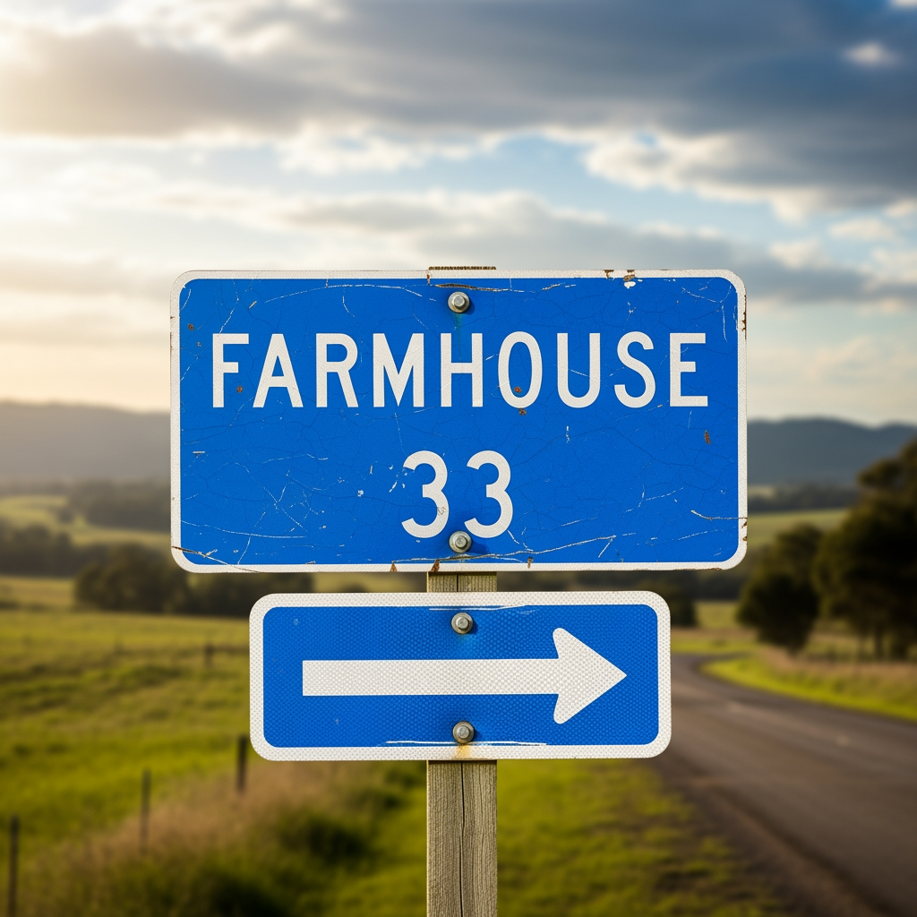 AI Design for FARMHOUSE 33 (IMPACT FONT) ROAD SIGN REFLECTOR BASE BLUE AND TEXT WHITE COLOR WITH ARROW FRONT AND BACK DESIGN