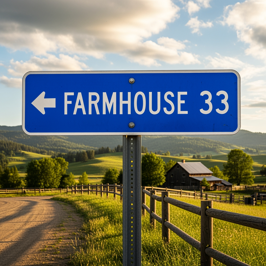 AI Design for FARMHOUSE 33 (IMPACT FONT) ROAD SIGN REFLECTOR BASE BLUE AND TEXT WHITE COLOR WITH ARROW FRONT AND BACK DESIGN
