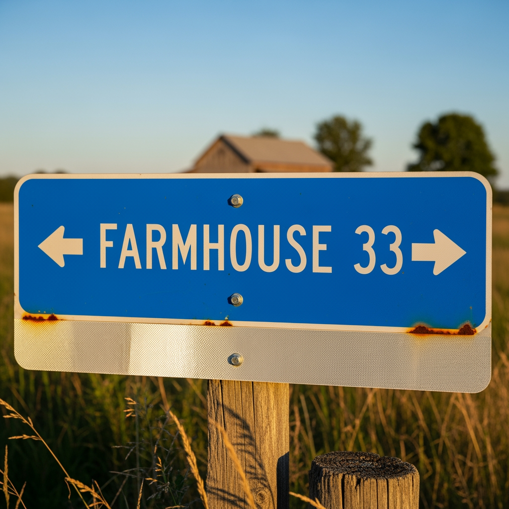 AI Design for FARMHOUSE 33 (IMPACT FONT) ROAD SIGN REFLECTOR BASE BLUE AND TEXT WHITE COLOR WITH ARROW FRONT AND BACK DESIGN