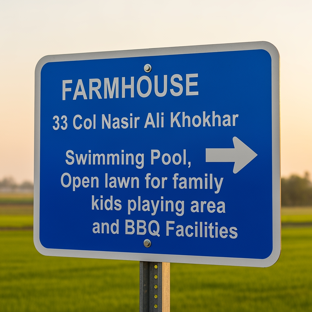 AI Design for FARMHOUSE 33 Col Nasir Ali Khokhar Swimming Pool, open lawn for family events, kids playing area and BBQ Facilities (IMPACT FONT) ROAD SIGN REFLECTOR BASE BLUE AND TEXT WHITE COLOR WITH ARROW DESIGN