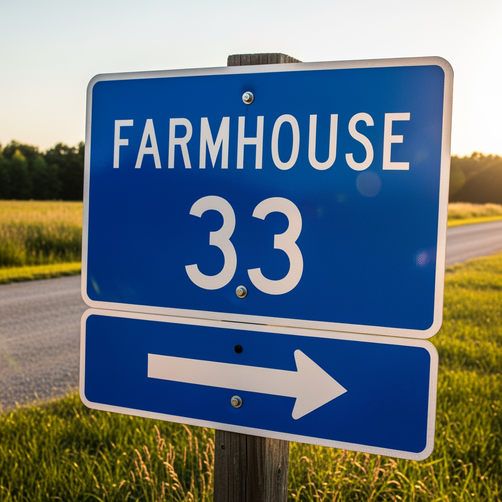 AI Design for FARMHOUSE 33 (IMPACT FONT) ROAD SIGN REFLECTOR BASE BLUE AND TEXT WHITE COLOR WITH ARROW FRONT AND BACK DESIGN