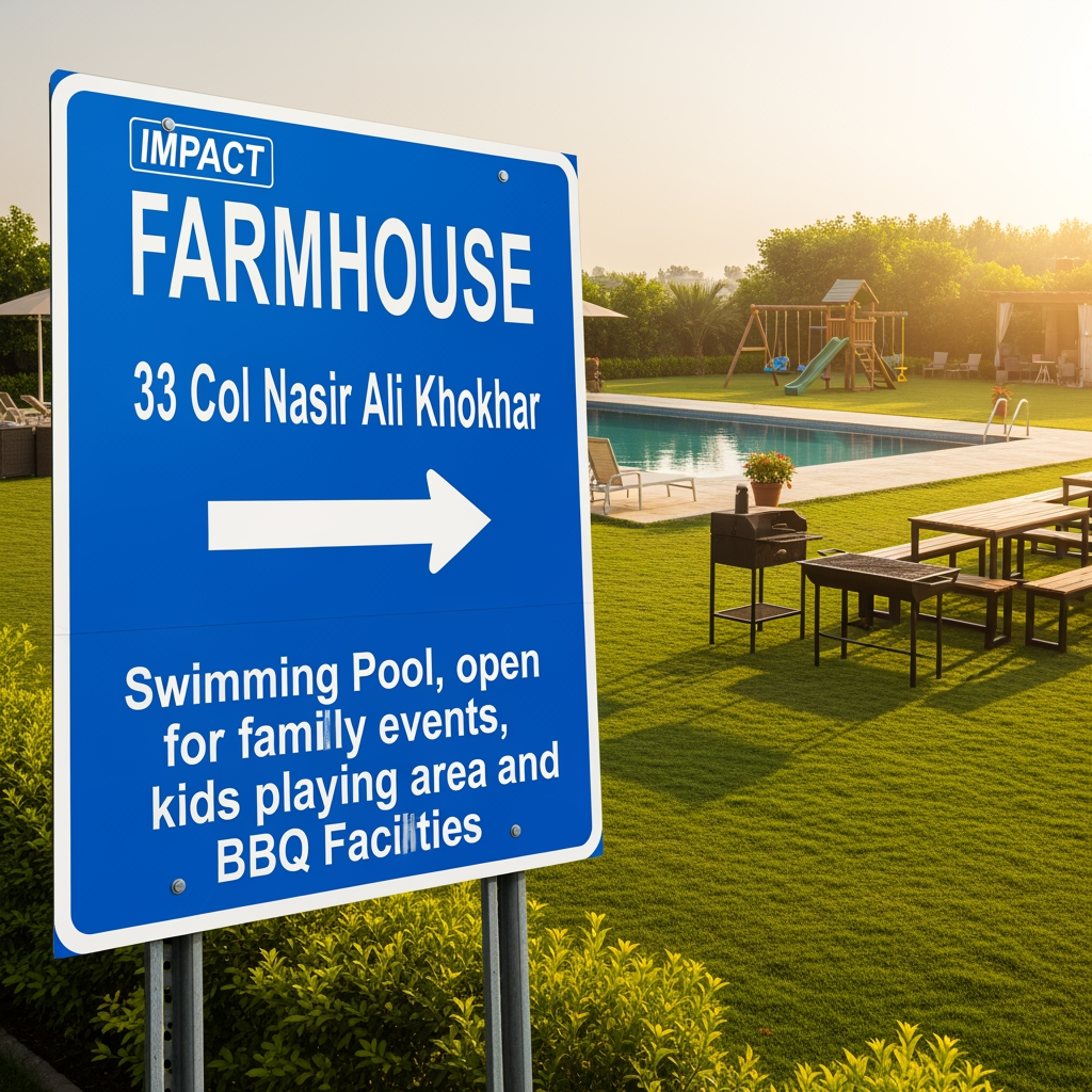 AI Design for FARMHOUSE 33 Col Nasir Ali Khokhar Swimming Pool, open lawn for family events, kids playing area and BBQ Facilities (IMPACT FONT) ROAD SIGN REFLECTOR BASE BLUE AND TEXT WHITE COLOR WITH ARROW DESIGN