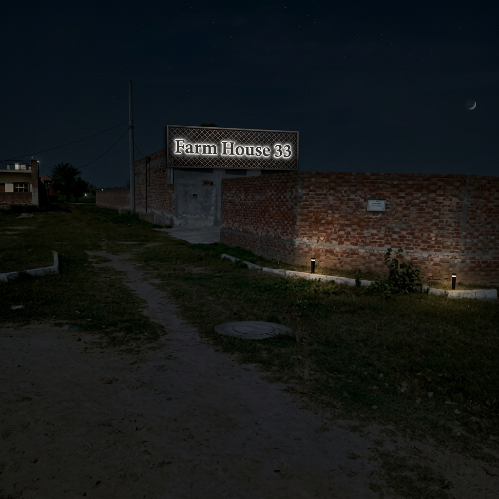 AI Design for keep this view in night mode and add 3D Grill Signboard named as "Farm House 33" with White Light glow premium quality