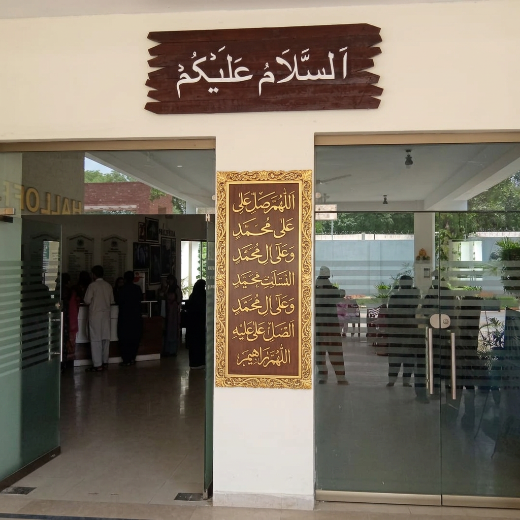 AI Design for Remove center hanging sign between 2 doors and enter darood e ibraheemi signage here golden text with wooden base potrait style add golden border art normal