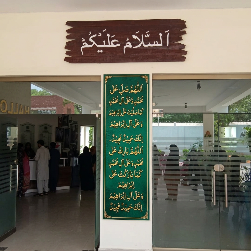 AI Design for Remove center hanging sign between 2 doors and enter darood e ibraheemi signage here golden text with green base potrait style