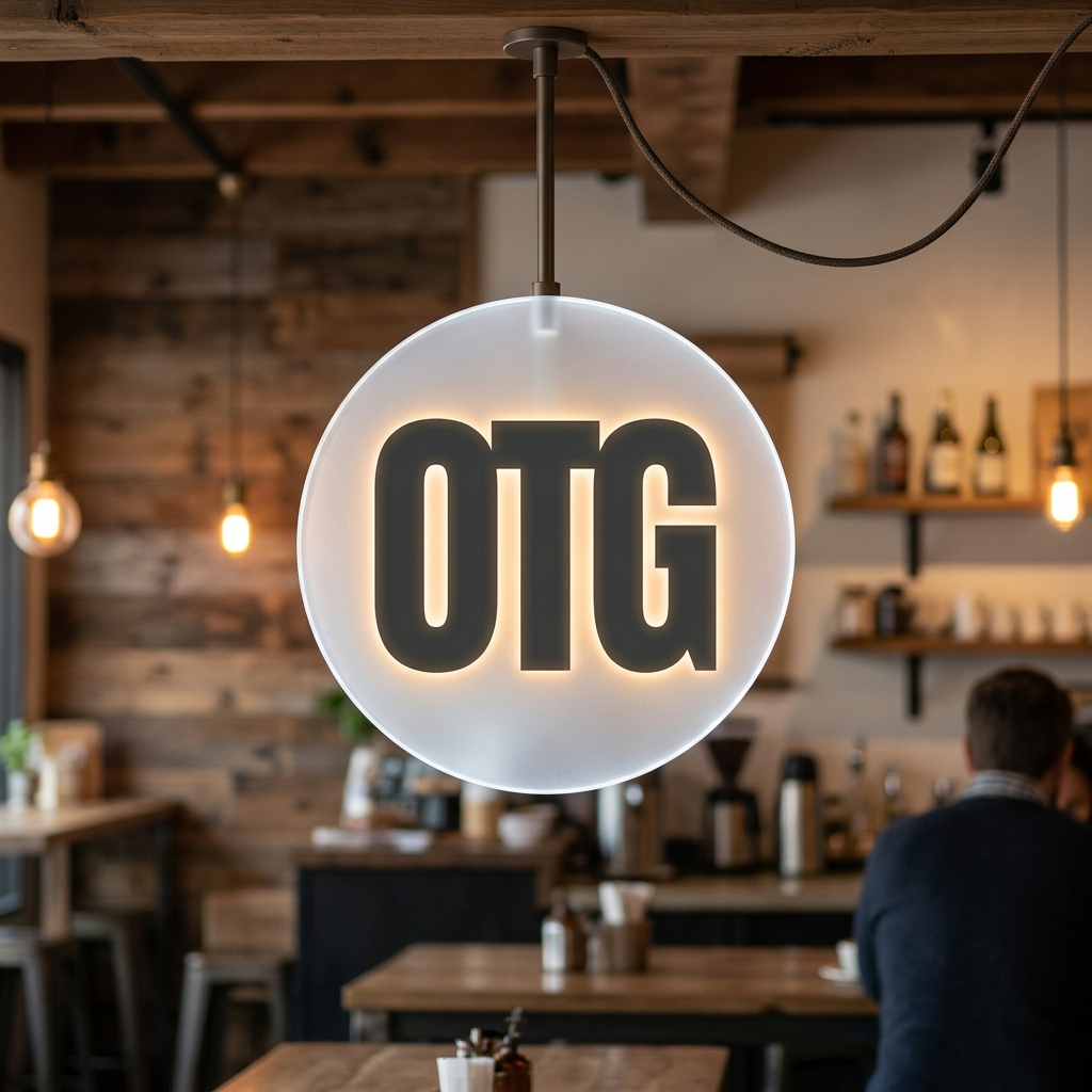 AI Design for Hanging plastic circular logo sign with back light in resturant cafe remove slogan and text required smaller