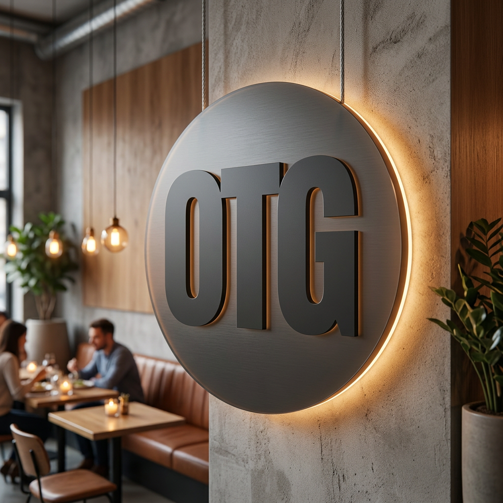AI Design for Hanging plastic circular 3d logo with back light in resturant cafe