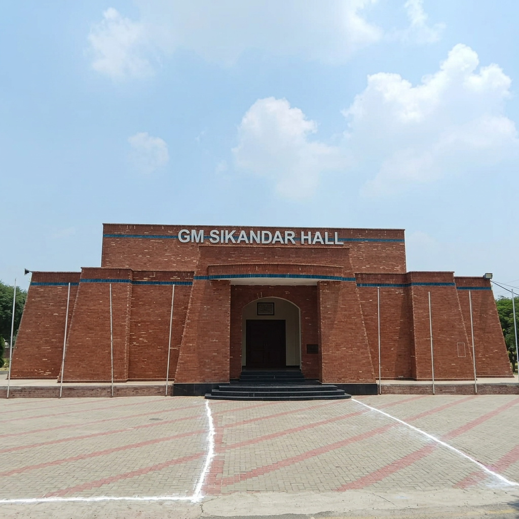 AI Design for remove pakistani flags on both pillars and add GM Sikandar Hall Signage (Steel Alphabets only)