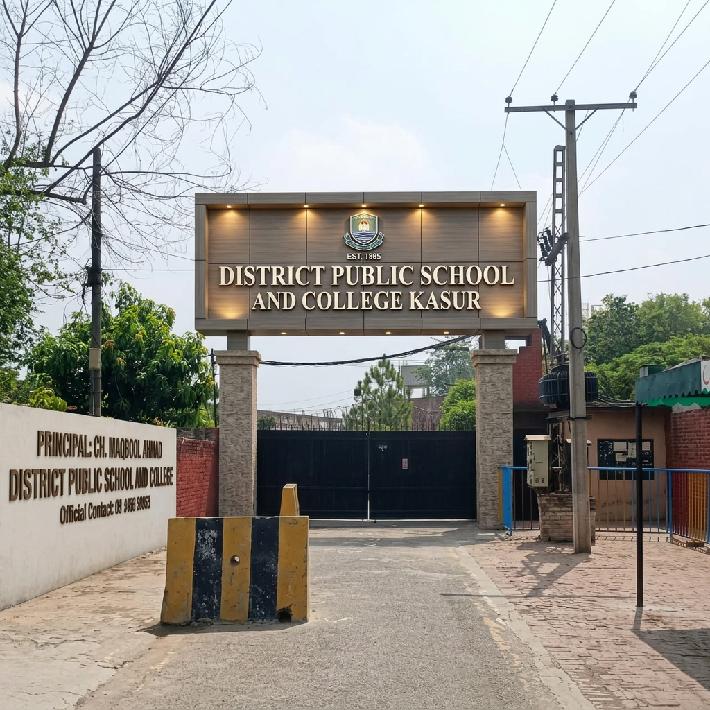 AI Design for add 3d cladding signboard with pillars  named as "DISTRICT PUBLIC SCHOOL AND COLLEGE KASUR