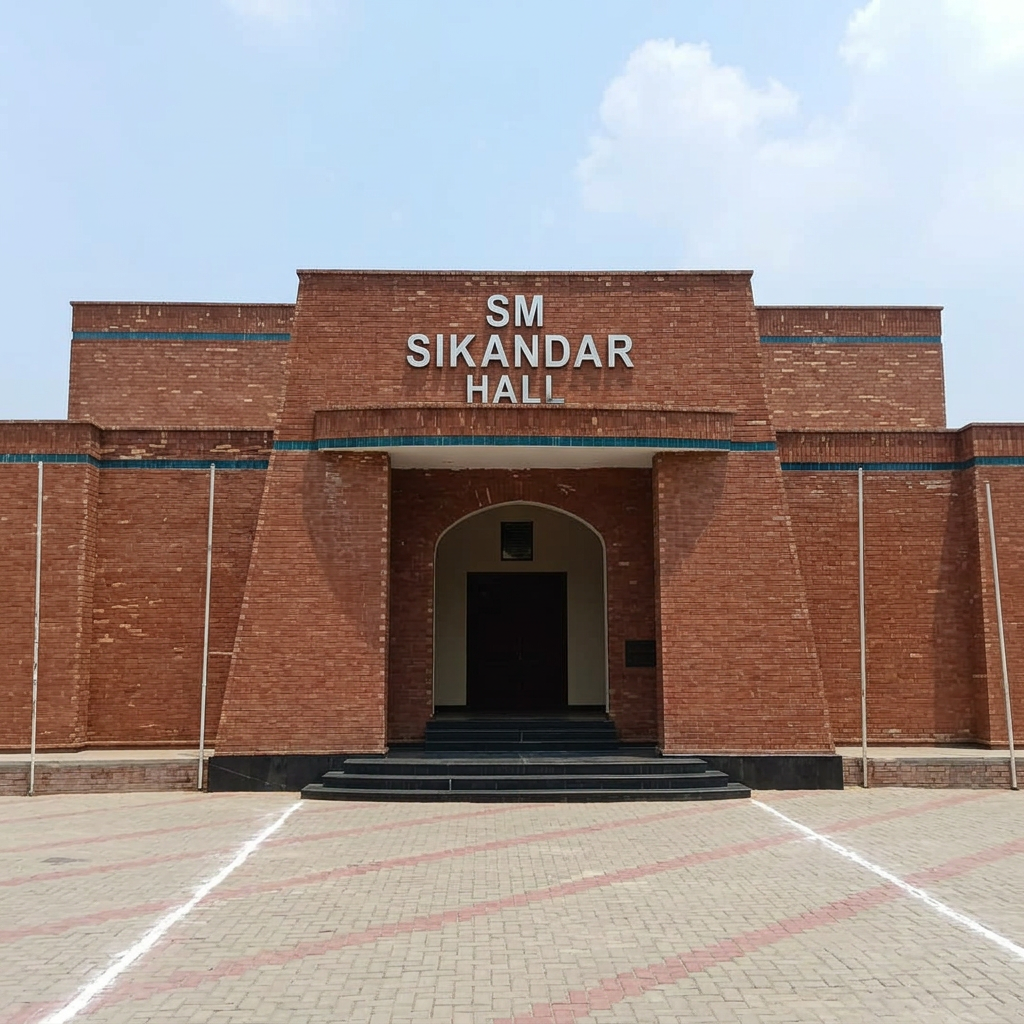 AI Design for remove pakistani flags on both pillars and add SM Sikandar Hall Signage Steel Alphabets i