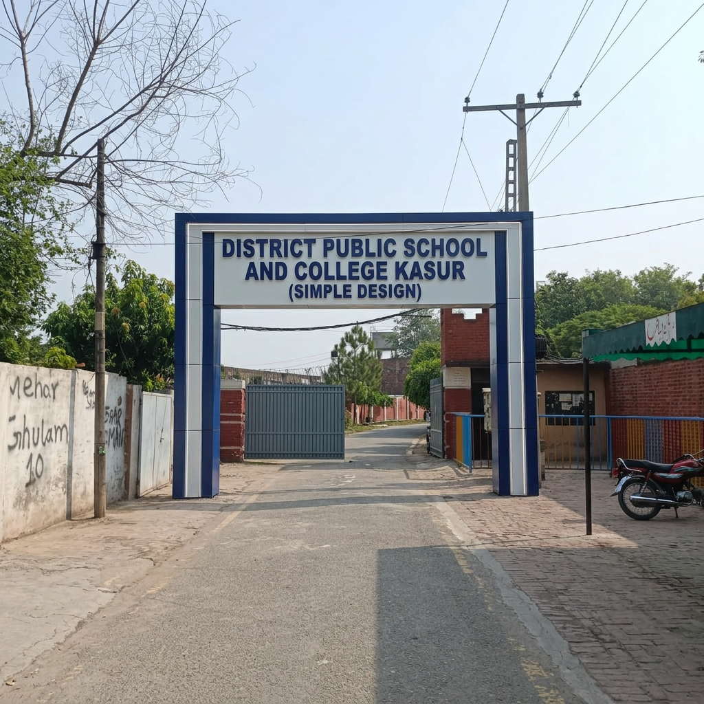AI Design for add 3d cladding signboard with pillars  named as "DISTRICT PUBLIC SCHOOL AND COLLEGE KASUR (SIMPLE DESIGN)
