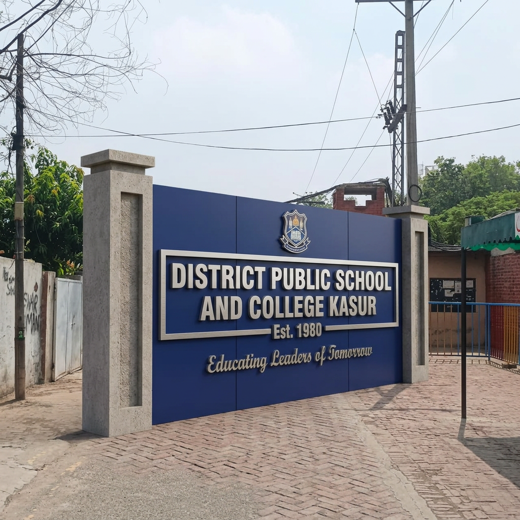 AI Design for add 3d cladding signboard with pillars  named as "DISTRICT PUBLIC SCHOOL AND COLLEGE KASUR