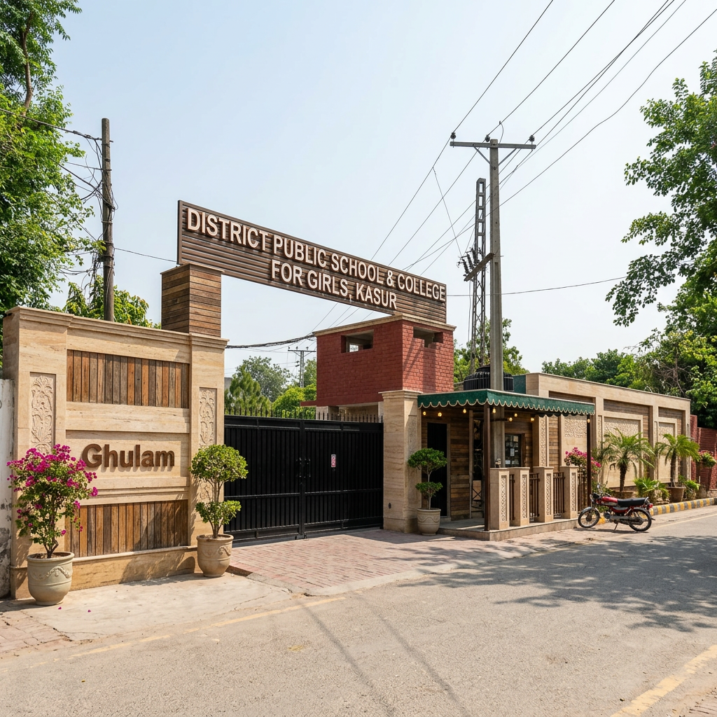 AI Design for make this front elevation more beautiful with caldding work and installation of 3d alphabets named as "DISTRICT PUBLIC SCHOOL & COLLEGE GOR GIRLS KASUR