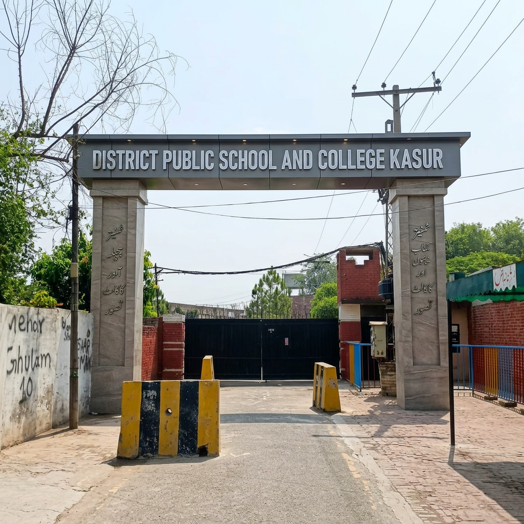 AI Design for add 3d cladding signboard with pillars  named as "DISTRICT PUBLIC SCHOOL AND COLLEGE KASUR