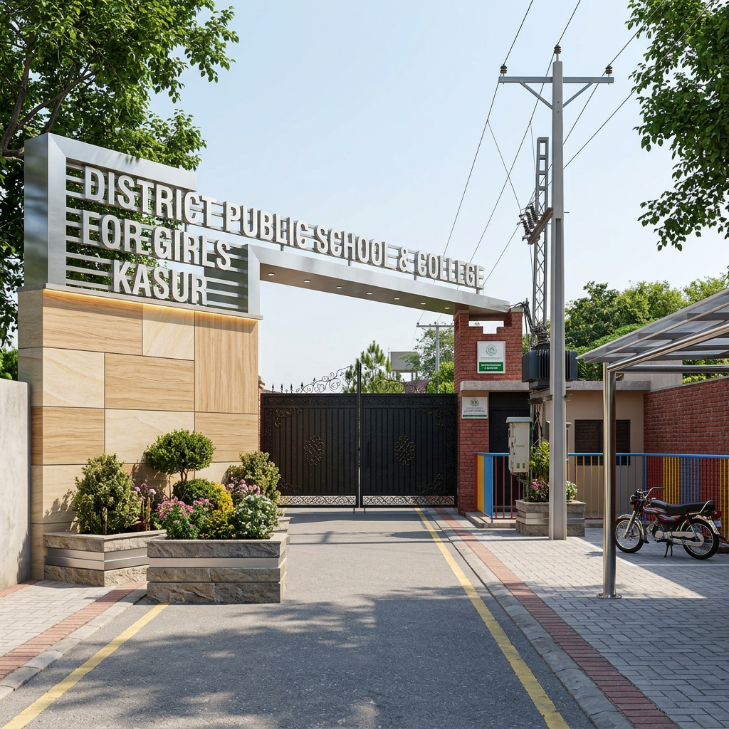 AI Design for make this front elevation more beautiful with caldding work and installation of 3d alphabets named as "DISTRICT PUBLIC SCHOOL & COLLEGE GOR GIRLS KASUR