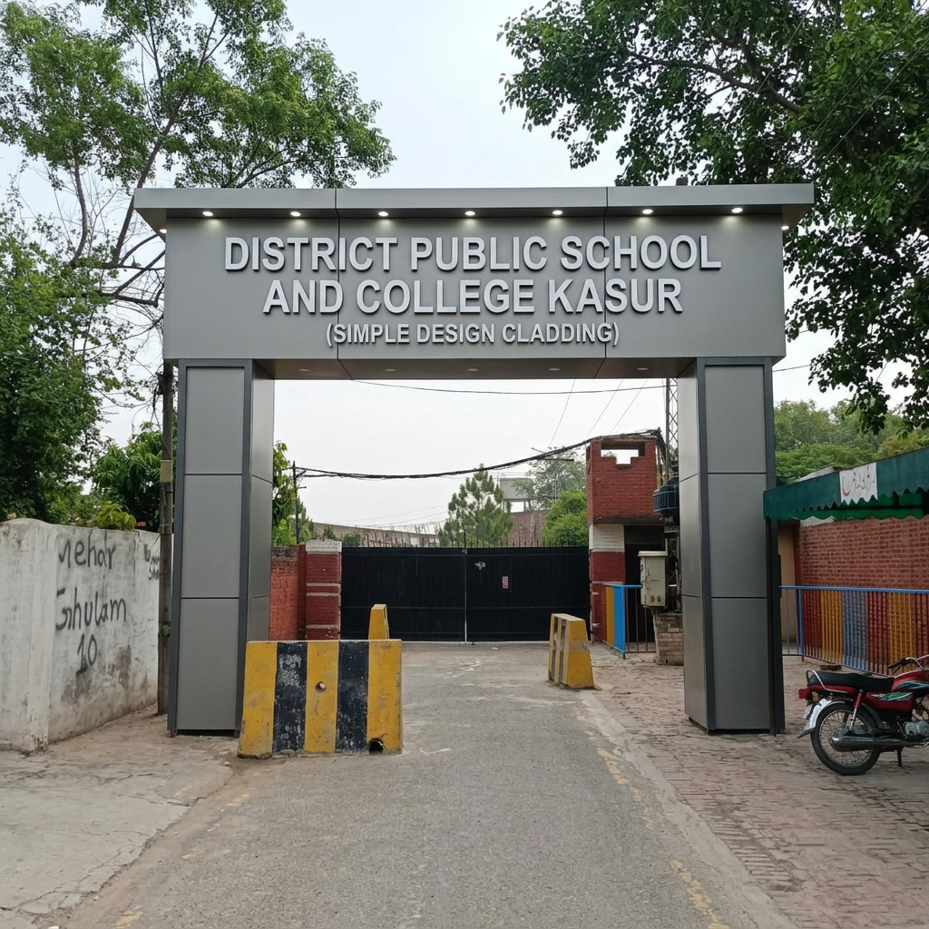 AI Design for add 3d cladding signboard with pillars  named as "DISTRICT PUBLIC SCHOOL AND COLLEGE KASUR (SIMPLE DESIGN CLADING)