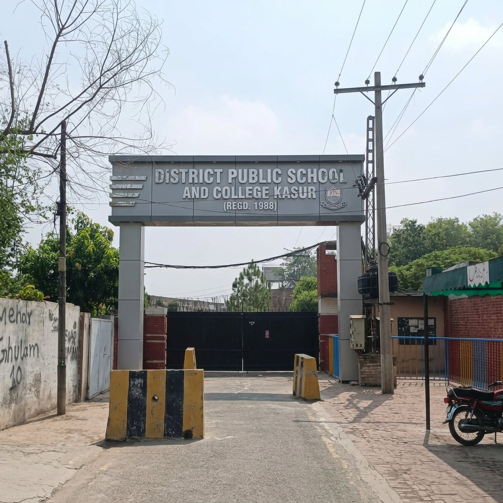 AI Design for add 3d cladding signboard with pillars  named as "DISTRICT PUBLIC SCHOOL AND COLLEGE KASUR