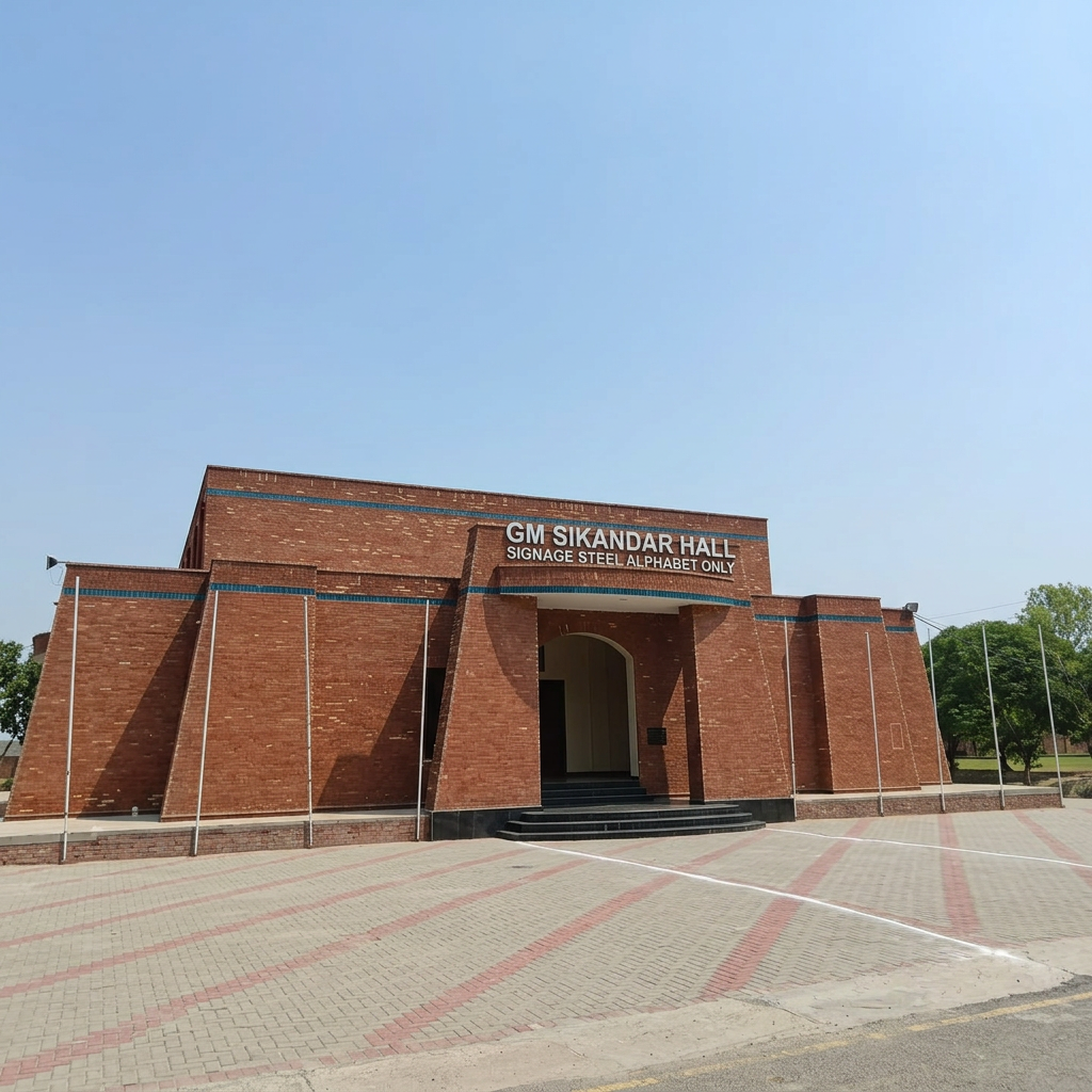 AI Design for remove pakistani flags on both pillars and add GM Sikandar Hall Signage Steel Alphabets only