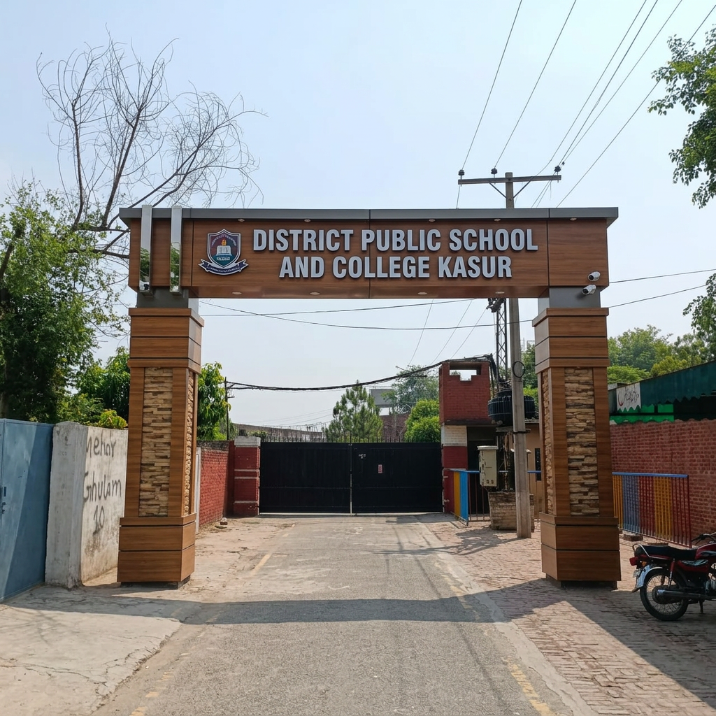 AI Design for add 3d cladding signboard with pillars  named as "DISTRICT PUBLIC SCHOOL AND COLLEGE KASUR