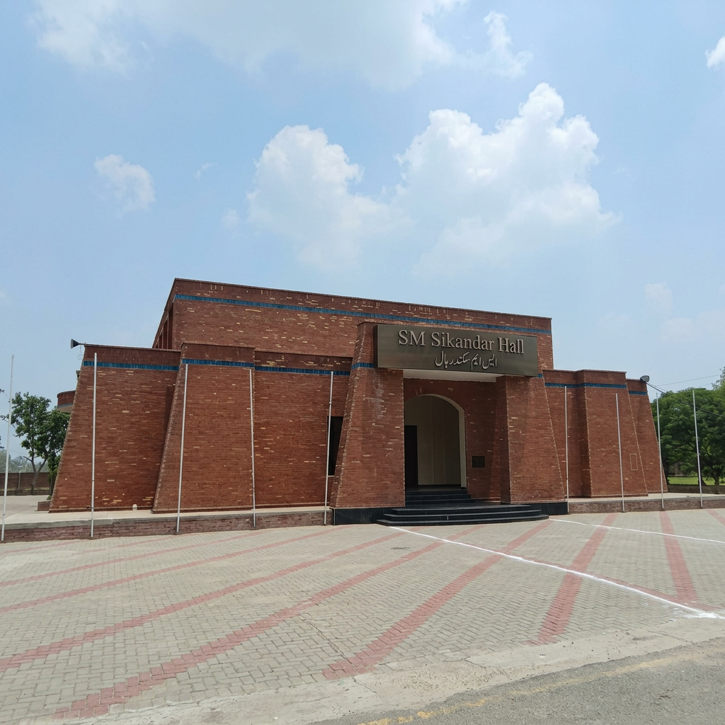 AI Design for remove pakistani flags on both pillars and add SM Sikandar Hall Signage