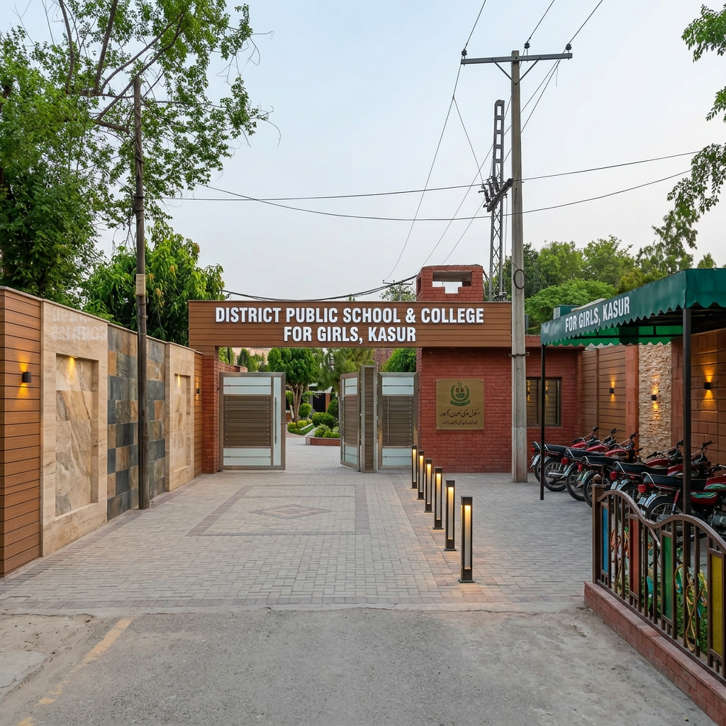 AI Design for make this front elevation more beautiful with caldding work and installation of 3d alphabets named as "DISTRICT PUBLIC SCHOOL & COLLEGE GOR GIRLS KASUR